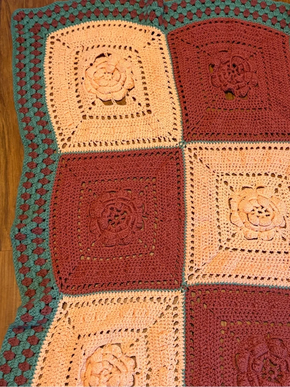 Vtg Granny Afghan Blanket 3D Flower Power Handmade Crochet 49X47” Cottagecore